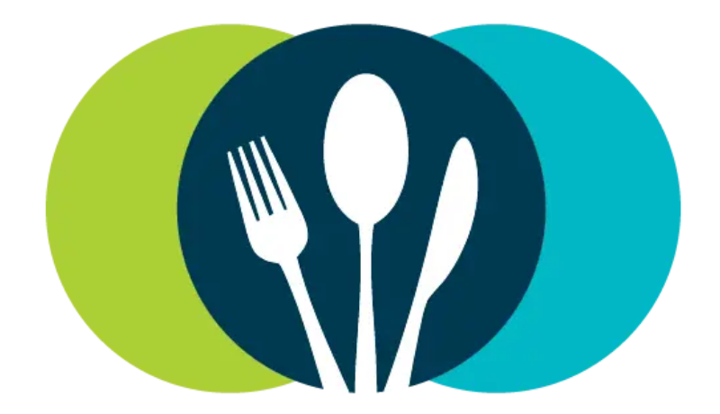 White silhouettes of a fork, spoon, and knife on a blue circle with green and teal overlapping circles behind.