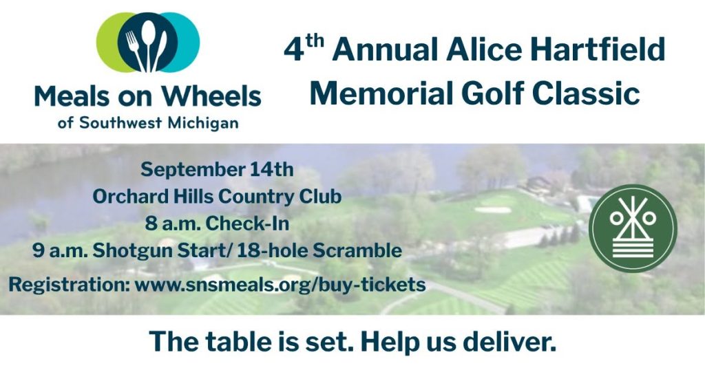 Meals on Wheels golf event flyer with event details and a blurred golf course background.