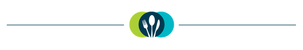Circular icon with fork, knife, and spoon, flanked by two lines on a light background.