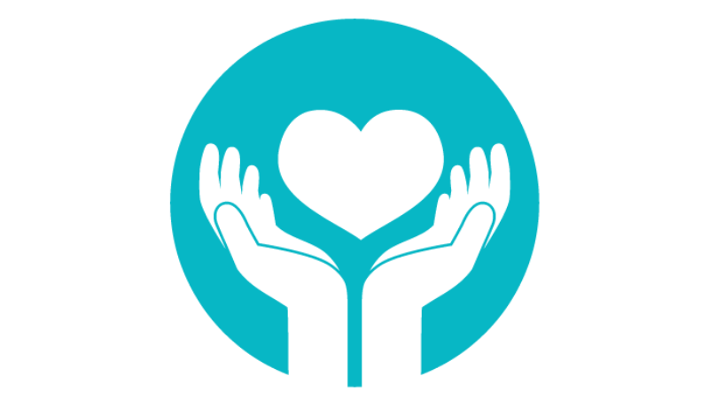 Two white hands holding a heart shape inside a blue circle on a light gray background.