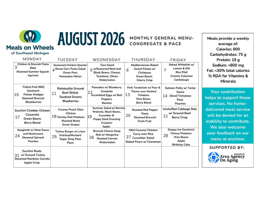 August 2026 Meals on Wheels monthly menu calendar with daily meal options and nutrition details.